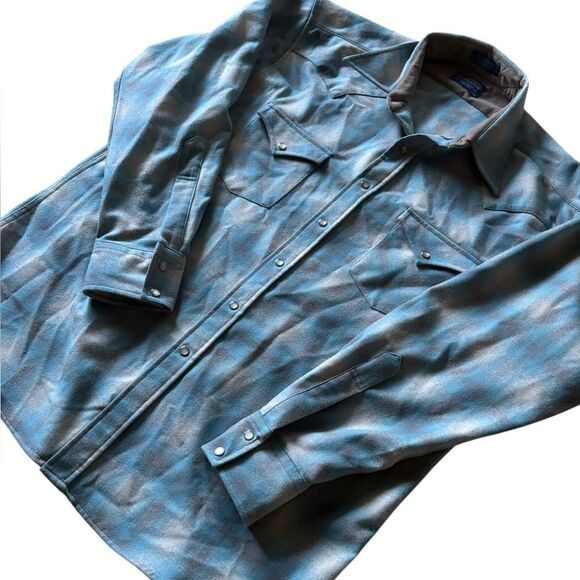 Pendleton Pearl Snap Virgin Wool Canyon Shirt Mens Size XL Sky Blue With Gray - Picture 2 of 12